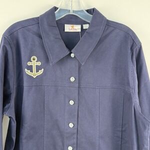 Quacker Factory Shacket Navy Blue Rhinestone Anchor Bling Nautical Cruise Sz L